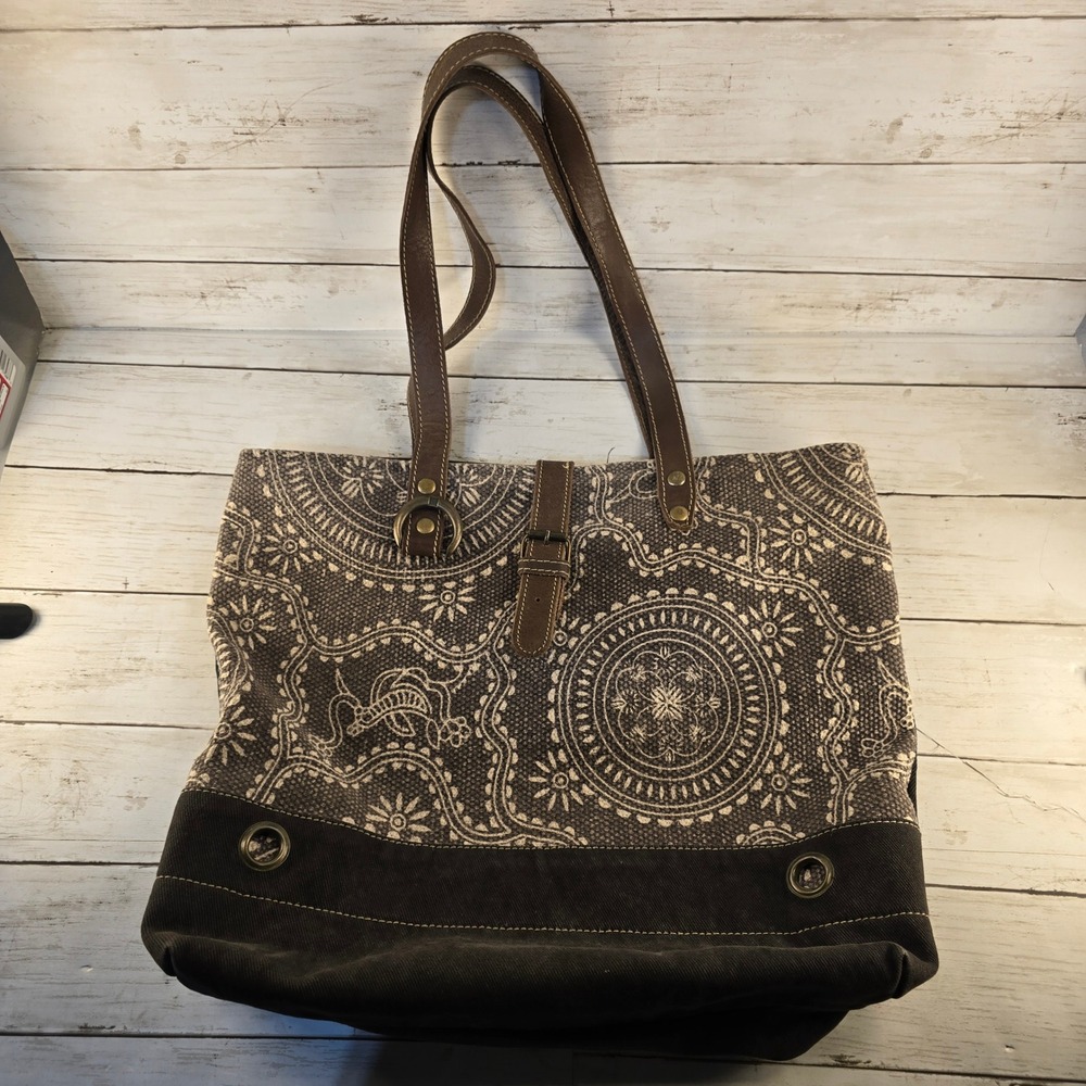 Myra Bag Canvas Leather Mandala Paisley Print Large Tote Shoulder Bag Charcoal